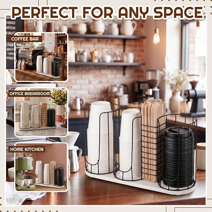 18oz Adjustable Coffee Cup Dispenser with Wooden Base, Cup and Lid Holder, Cups Holder Organizer for Coffee Pod Straw and Lid Storage(4-compartment Single,Color 3)