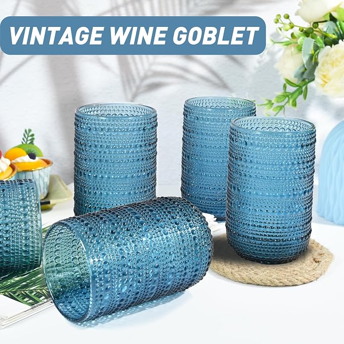CHLJAR Vintage Glassware Drinking Glasses Set of 6, 14 oz hobnail drinking glasses, Embossed Blue Water Tumbler for Cocktail Whiskey Wine Beer Juice, Old Fashioned Beaded Glasses, Blue