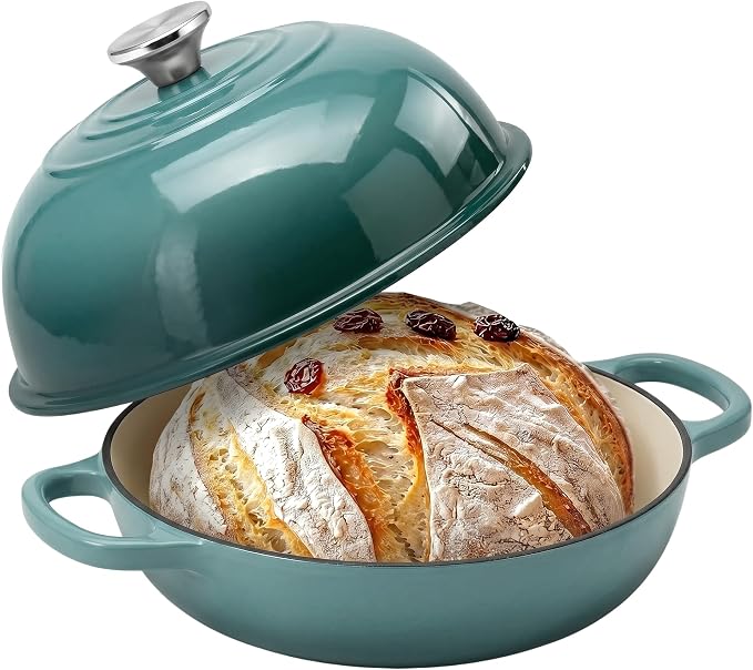 Enameled Bread Oven with Lid, 6 Quart Cast Iron Dutch Oven for Sourdough Baking, Round Heavy Duty Cast Iron Pot with Dome Lid, Seasalt