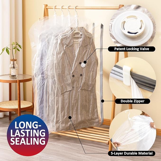 Hanging Vacuum Storage Bags, Space Saver for Clothing, 6 Long with Pump | Vacuum Seal Bags for Clothing with Electric Pump, Hanging Garment Storage for Jackets, Suit, Dresses, Winter Closet Organizer