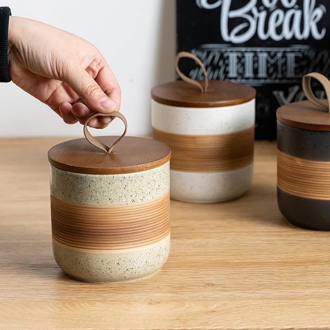Miamolo Ceramic Jar with Lid, Small Coffee Canister for Ground Coffee | Beige & 5 fl.oz | Coffee Container for Spice Sugar Tea| Kitchen Food Storage for Countertop, Decorative Jar Housewarming Gift
