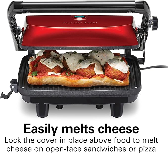 Hamilton Beach Electric Panini Press Grill with Locking Lid, Opens 180 Degrees for Any Sandwich Thickness, Nonstick 8" X 10" Grids, Red (25462Z) | Floating Hinge Evenly Cooks Any Sandwich | Locking Lid | PFAS-Free Non-Stick 8" x 10" Grids | Red