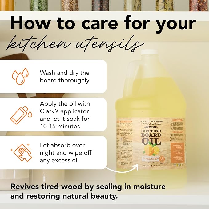 CLARK's Cutting Board Oil 128 oz, Food Grade Mineral Oil with Citrus Scent | Mineral Oil for Wood Cutting Boards, Butcher Blocks, Utensils, Lubricant for Knives. Soak for 2-3 Hours for Optimal Finish