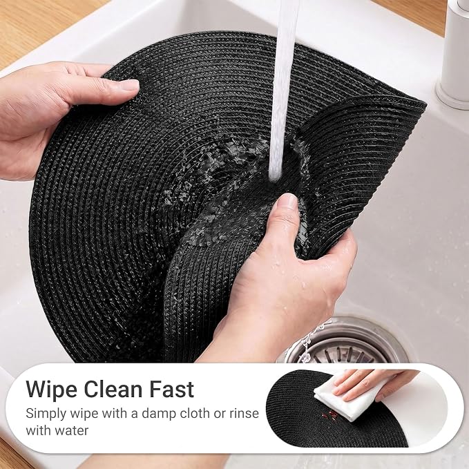 FunWheat Round Braided Placemats Set of 8 Place Mats for Dining Table Woven Washable Non-Slip Table Mats 15 Inch(Black,8pcs)