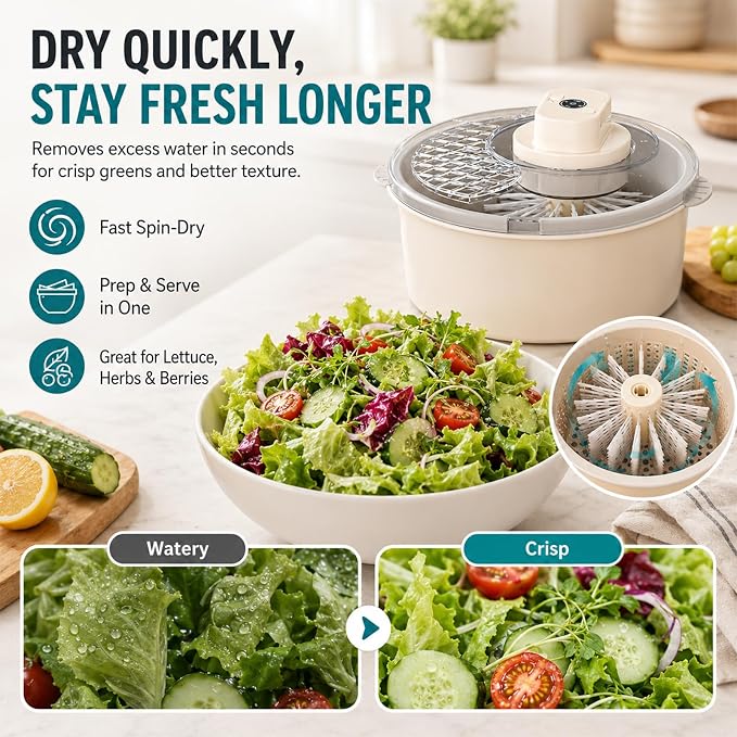 Electric Fruit Cleaner Spinner, 2-in-1 Salad Spinner, Strainer & Food Dryer, Multifunctional Fruit & Vegetable Washing Spinner Bowl, Home One-Touch Cordless Produce Cleaner Device (Beige,Manual)
