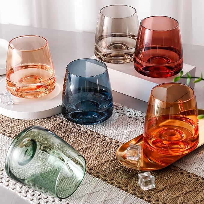 Stemless Wine Glasses Set of 6 - Hand Blown Colored Short Wine Tumblers Colorful Lead-Free Non-Fading Party Stemless Wine Glasses Set, Unique Gift for Wedding