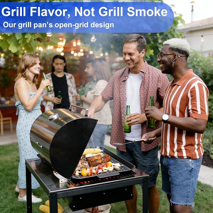 Grill Pan Set for Outdoor BBQ - 2PCS Non-Stick Enamel Grill Topper with Holes, Dishwasher Safe, Charcoal & Gas Grill Compatible (Large 14.4"x9.8" + Small 11"x7")