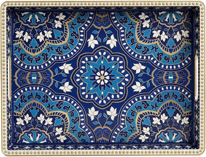 Boho Serving Tray with Handles, Large Rectangular Decorative Ottoman Tray with Gold Beaded Rim, Blue Floral Mandala Design, for Coffee Table, Kitchen Counter, Vanity, 15.7”x11.8”