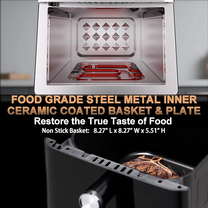 Stainless Steel Air Fryer Ceramic Coated Basket 6QT Dual-Blaze 450℉ (Metal) | Non Stick Teflon-Free Premium Coat Healthy and Easy Clean, Max 450℉ Fast Cook in 1700W, Visible 8.27" for 2-3 Servings