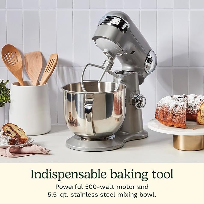 Cuisinart Stand Mixer, 12 Speeds, 5.5-Quart Mixing Bowl, Chef's Whisk, Flat Mixing Paddle, Dough Hook, and Splash Guard with Pour Spout, Silver Lining, SM-50BCNAS, Silver Lining | Stand mixer includes whisk, paddle, dough hook, splash guard with pour s...