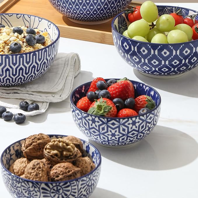 Selamica Ceramic 12 OZ Dessert Bowls Set, Ice Cream Bowls, 4.7 Inch Small Bowls for Snack, Side Dishes, Rice, Microwave Dishwasher Safe, Set of 6, Vintage Blue