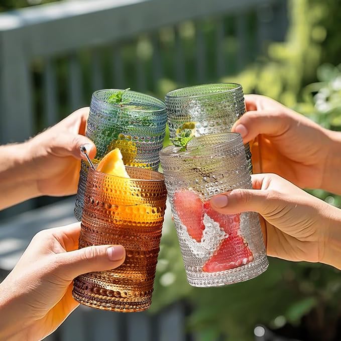 Colored Hobnail Drinking Glasses Set of 6, 12oz Vintage Kitchen Glassware, Embossed Beaded Glass Cups, Water Glasses, Colorful Water Tumbler for Cocktail, Juice, Various Mixed Drink (Dishwasher Safe)