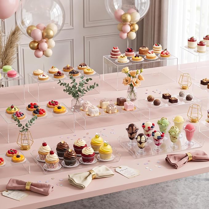 Buffet Risers, 4PCS Clear Acrylic Food Risers for Party Table, Rectangle Dessert Display Stands with Hollow Box for Drink Catering Supply, Scalloped Acrylic Tray for Cupcake Fruits