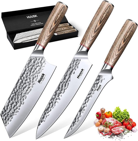 Huusk Japanese Kitchen Knife Set of 3, Professional Chef Knives Set | Hand Forged Butcher Knife Set for Meat Cutting, Meat Cleaver Boning Knife with Pakkawood Handle, Gift for Chef Men Women