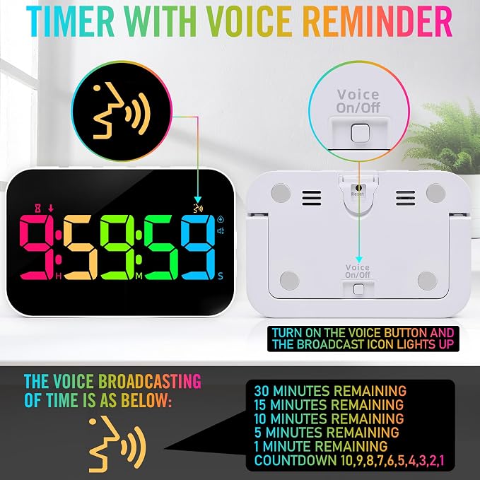 Kitchen Timer for Cooking, Rechargeable Digital Magnetic Timer with Large LED Display, Loud Alarm, Sound Countdown, 4 Volume Levels and 3 Brightness for Classroom, Study (RGB)