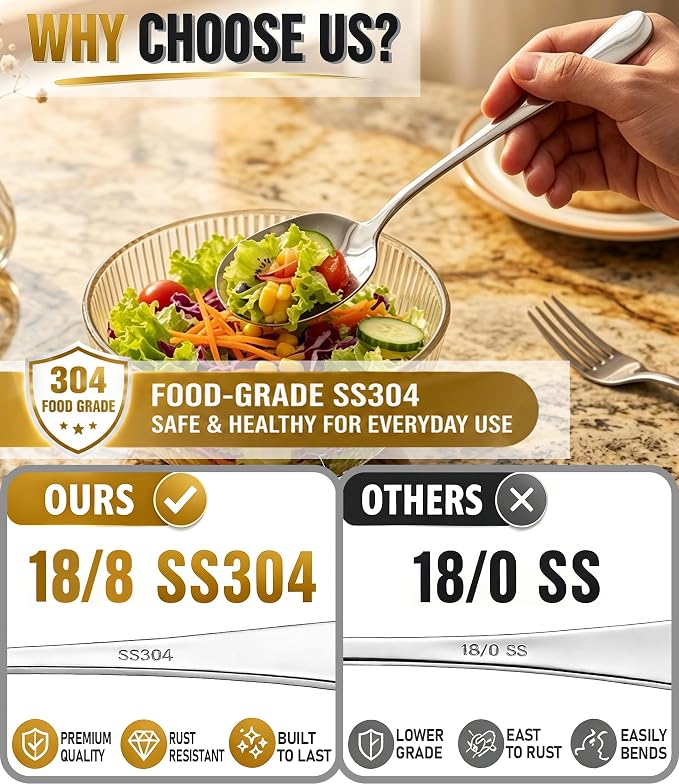 4-piece Serving Spoons, 18/8 stainless steel, Large Buffet Serving Spoon, 2 Slotted Spoons & 2 Solid Spoons, Heavy Duty 304 Stainless Steel Tabletop Flatware Utensil for Banquet, Cooking, and Kitchen