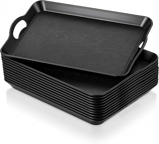 Kathfly 12 Pack 16" x 11" Serving Trays with Handles, Plastic Tray, Black | PP Material, Anti-skid Texture, Decorative Food Tray, for Restaurant, Hotel, Kitchen, Party; Not Microwave/dishwasher Safe