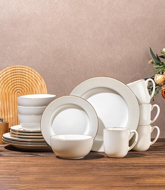 GBHOME Ceramic Dinnerware Sets of 4,16 pcs Plates and Bowls Sets Dishes | Embossed Elegant Stoneware Dishes Set | Dishwasher & Microwave Safe | Service for 4
