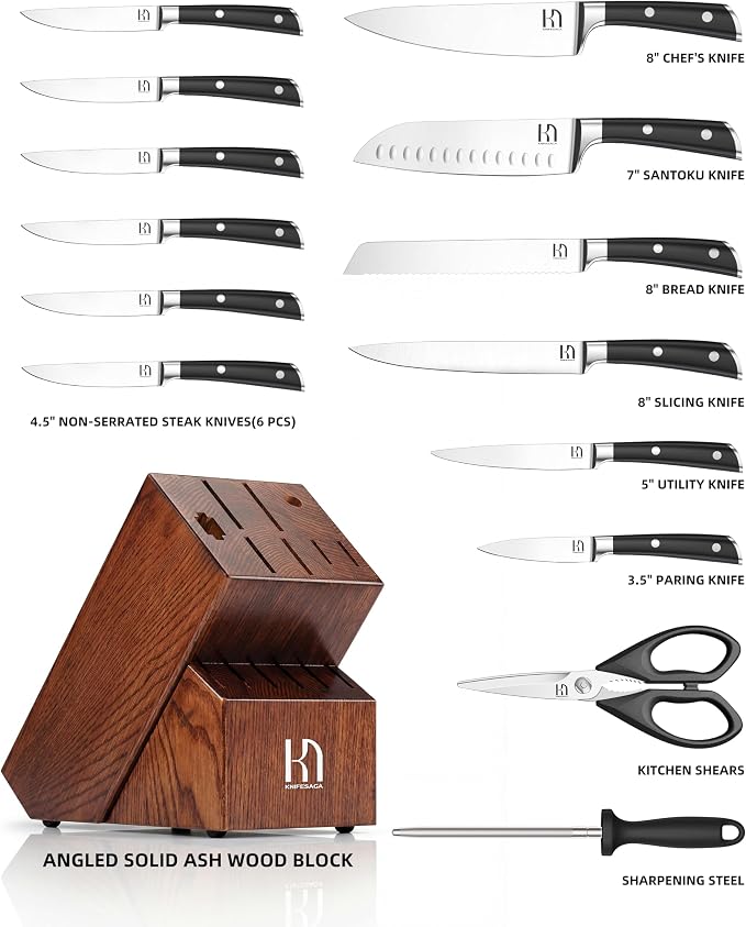 KnifeSaga Knife Set, 15 Pcs Kitchen Knife Block Set, Enduring Razor-Sharp High Carbon Stainless Steel Chef Knife Set with Block and Sharpener, Premium Knives Set for Kitchen, Ash Wood Valentine's Gift