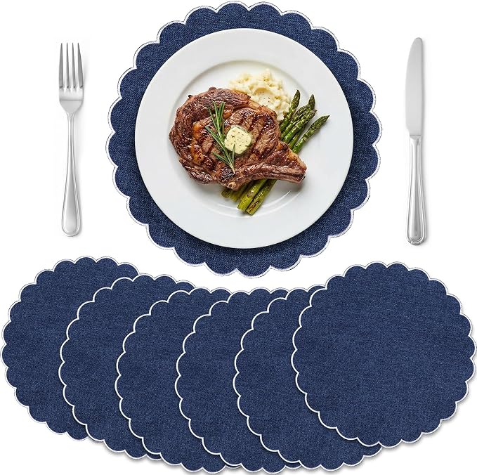 Set of 6 Navy Blue Cotton Placemats 15" Round Scalloped White | Double Layered Cotton Fabric, Washable Embroidery, White Edge Edge, Rustic Table Mats for Wedding Dining Table Decor