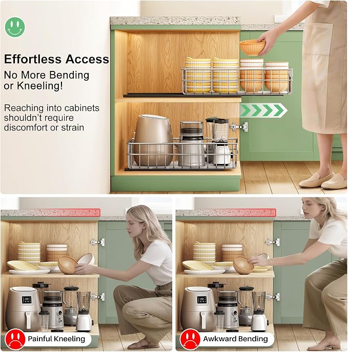 Stainless Steel Pull Out Cabinet Organizer(11.8"W x 16.5"D x 4.7"H)-1 Pack, Minimalist Design Frame, Full-Extension Slide Rails, Easy Installation for Pantry Organizers or Kitchen Cabinet Organizer