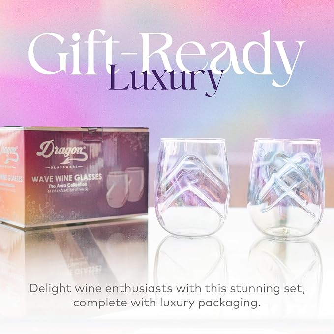 Dragon Glassware Stemless Wine Glasses, 16 oz Set of 2 - Iridescent | Short Wine Glasses Set of 2 with Finger Indentations; Aerates Naturally; Standard Width Design; Unique Drinkware