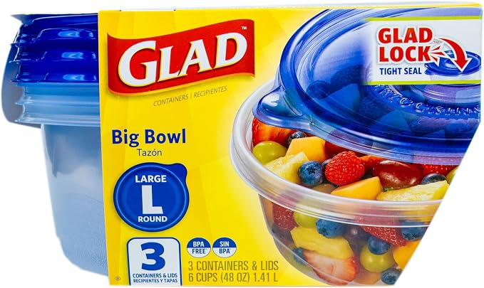 Glad GladWare Big Bowl Food Storage Containers, Large Round, 48 Oz, 3 Count | Lock-tight seal for soups, salads, and meal prep in a large round format; microwave and dishwasher safe