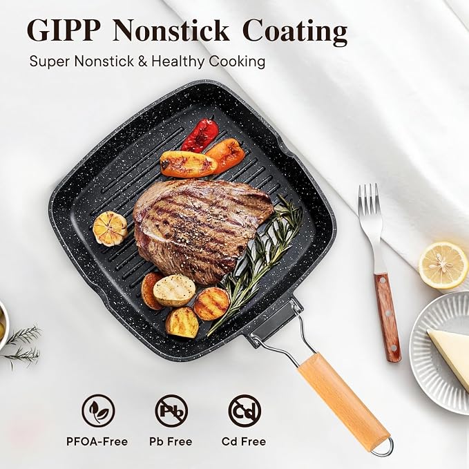 GiPP Nonstick Grill Pan with Folding Handle,Square Grill Skillet, Grilling Pan with Pour Spouts, Versatile Griddle Steak Pan for All Stove,PFOA Free,11 Inch