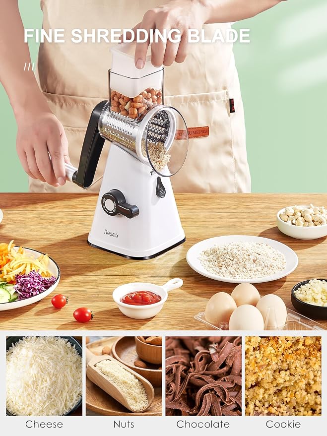 Rotary Cheese Grater with Handle, Reemix Vegetable Cheese Grater | Shredder Slicer Grater for Kitchen 3 Changeable Blades for Cheese Potato Zucchini Nuts Chocolate (White)