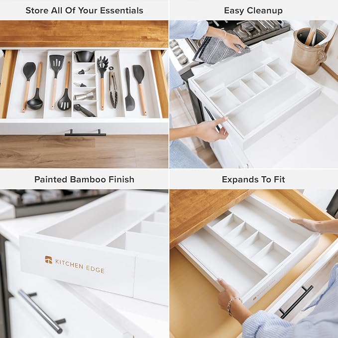 Utensil & Junk Drawer Organizer, 16-28 in, White Bamboo | Food-safe contract grade, 100% sustainable wood, non-slip, adjustable