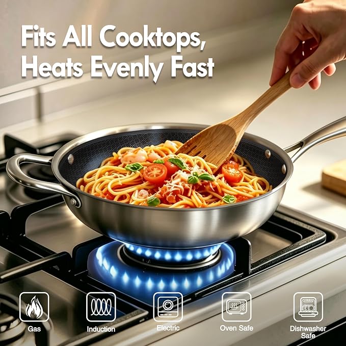 BRASA Nonstick Deep Frying pan with lid,10.24in/3QT,Stainless Steel Saute Pan,nonstick Cookware,Compatible Gas,Electric & Induction,Dishwasher safe PFOA Free(10.24in+5.9in trivet) Long Handle