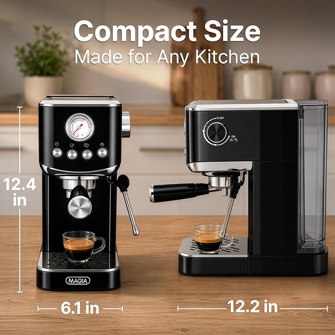 Zulay Kitchen Magia Compact Espresso Machine – 20 Bar Coffee Maker with Milk Frother Steam Wand, Latte & Cappuccino Maker, 1350W Fast Heating, 40oz Removable Water Tank, Stainless Steel – Black
