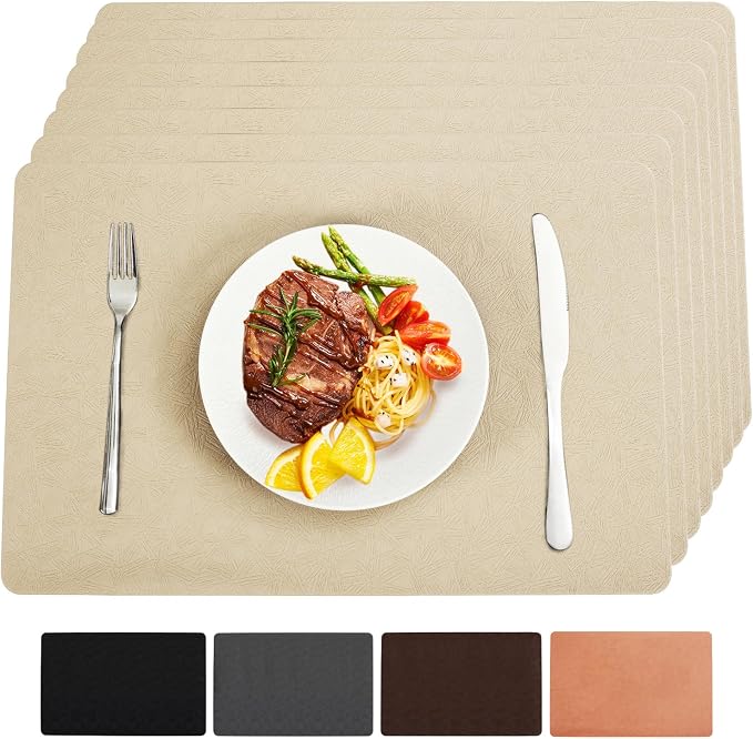 Beige Vinyl Placemats Set of 8 Waterproof Wipeable Table Mats | Heat Resistant Easy Clean Place Mats Faux Leather Table Mats Washable PVC Table Placemats for Dining Table
