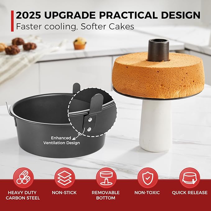 Angel Food Cake Pan with Removable Bottom, 10 Inch Tube Pan, Nonstick Pound Cake Pans for Baking, Chiffon Cake Mold, 16-Cup, Heavy Duty - Dark Grey