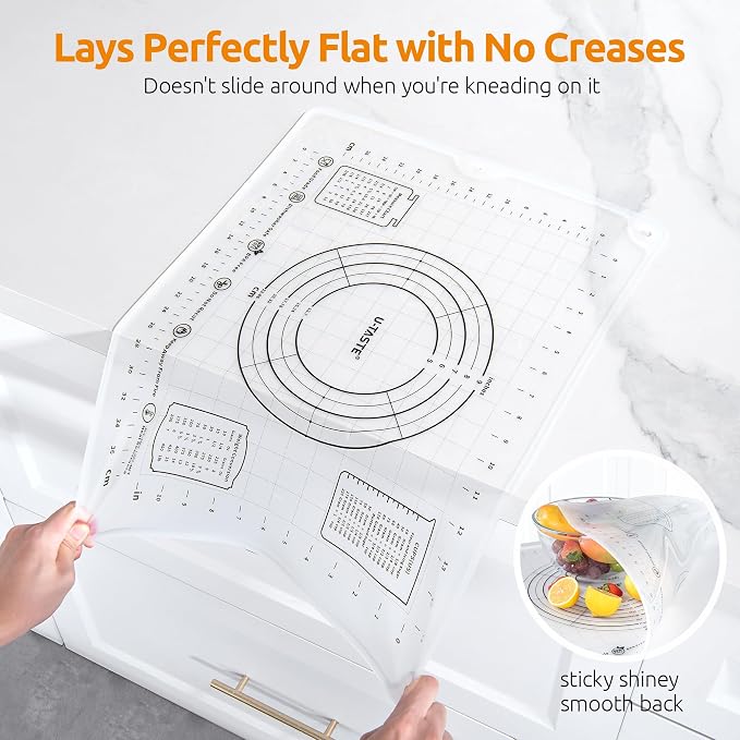 U-Taste Silicone Pastry Mat, Dough Rolling Baking Sheet, 16x20"/Transparent | Food-Grade Liquid Silicone, Non-Stick Non-Slip, Baking Supplies for Pizza Cookie Pie Crust, Clear Measurement & Raised Edges