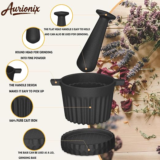 Cast Iron Mortar and Pestle Set with Grater Plate, Brush and Spoon | Heavy-duty cast iron mortar and pestle set with grater plate, brush and spoon for grinding spices, herbs and garlic.