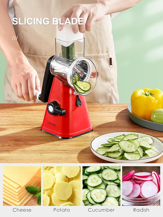 Rotary Cheese Grater with Handle, Reemix Vegetable Cheese | Shredder Slicer Grater for Kitchen 3 Changeable Blades for Cheese Potato Zucchini Nuts Chocolate (Red)