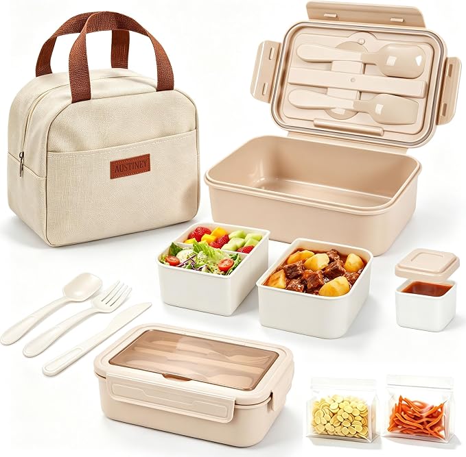 Bento Lunch Box Set for Adults & Kids with Insulated Bag Khaki | Includes lunch bag, spoon, fork, sauce box,BPA-free & dishwasher safe,For adults.child, school, work, office, travel, picnic