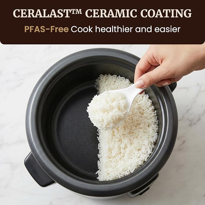 Elite Gourmet ERC6GC Ceramic Rice Cooker, PFAS-Free Non-Stick, Gray | 6-Cup Capacity - Ceralast Coating - Tempered Glass Lid - One-Touch Cooking - Includes BPA-Free Measuring Cup and Spatula