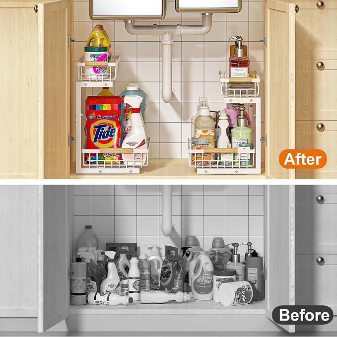 Under Sink Organizer, White 2 Pack Height Adjustable | 2 Tier Pull Out Drawer, Under Sink Organizers and Storage, Cabinet Storage for Kitchen Bathroom