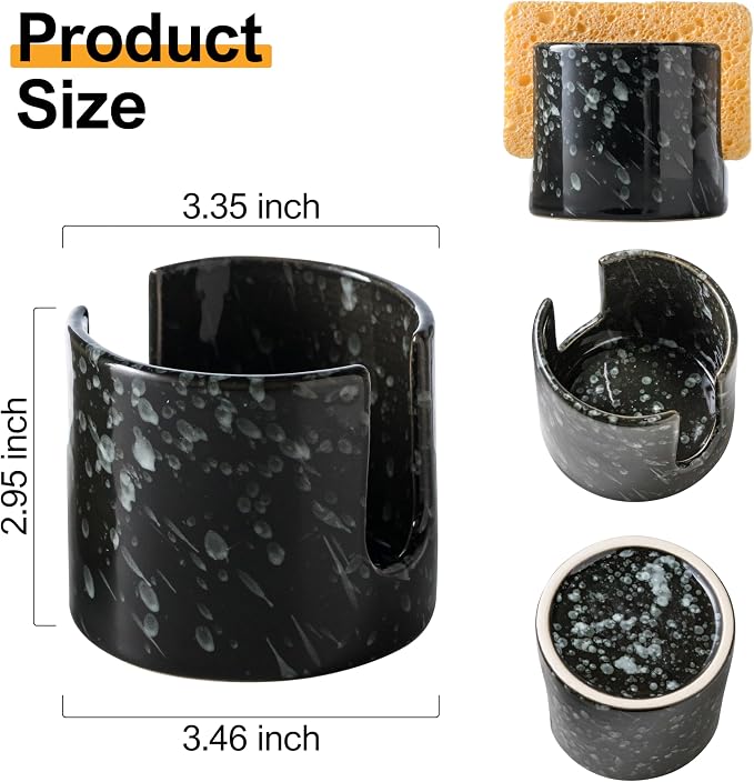 Zoeeker Sponge Holder for Kitchen, Ceramic Sink Caddy Scrub Sponge Rack | Dish Brush Rack Scrubbers Holder Scouring Pad Holder for Kitchen Sink, Bathroom, Kitchen Storage Organizer Accessories, Black