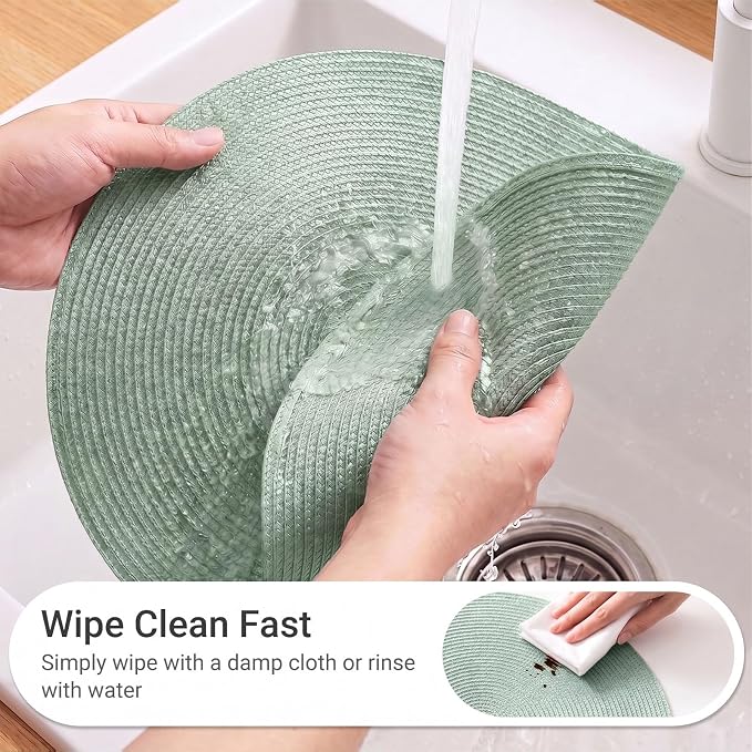 FunWheat Round Braided Placemats Set of 4 Table Mats for Dining Tables Woven Washable Non-Slip Place mats 15inch (Fog Green, 4pcs)