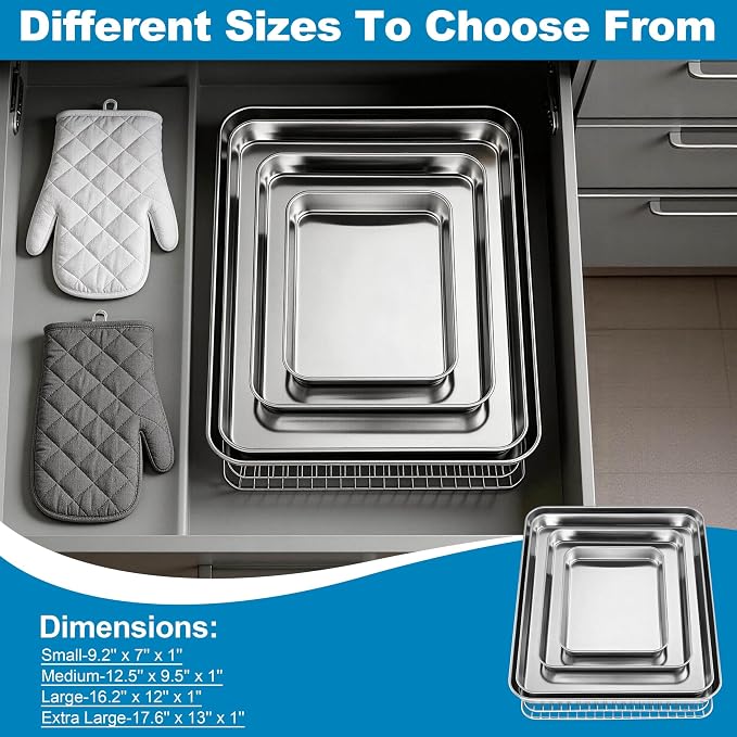 Herogo Stainless Steel Half Sheet Baking Pan with Rack Set(2 Pans + 2 Racks), 18" x 13" x 1" Large Baking Tray with Cooling Rack Set for Oven Roasting, Rust & Warp Resistant & Nonstick