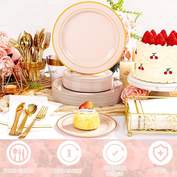GATHER 700PCS Pink Plastic Plates 100 Guest with Gold Rim for Wedding Party | Pink Disposable Plastic Dinnerware Set include 200 Pink Plates, 300 Silverware, 100 Napkins, 100 Cups for Baby Shower