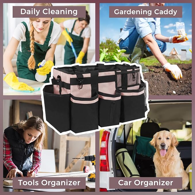 SCAVATA Wearable Cleaning Caddy, Cleaning Caddy Supplies Organizer with Handle & Shoulder Straps for Housekeepers, Under Sink & Car Cleaning Tool Organizers Bag with 4 Foldable Divider (Pink)