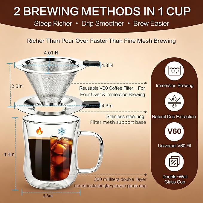 2-in-1 Immersion & Pour Over Coffee Maker, 300ml Single Serve Coffee Brewer with Reusable 600-Mesh Stainless Steel Filter, Double-Wall Glass Coffee Cup for Richer Extraction & Faster Brewing