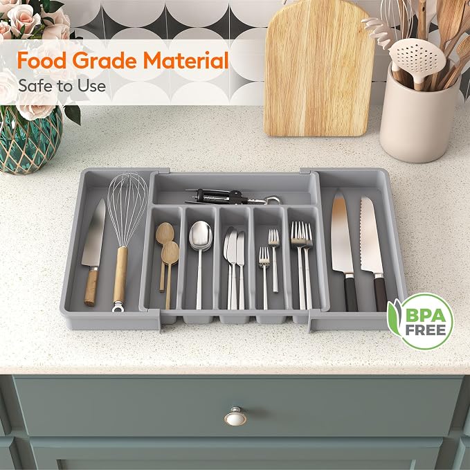 Lifewit Extra Large Silverware Drawer Organizer, Expandable Utensil Tray for Kitchen, BPA Free Flatware and Cutlery Holder, Adjustable Plastic Storage for Spoons Forks Knives, 13-22 x 15, Gray