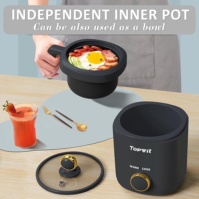 TOPWIT Rice Cooker Small 2-Cup Uncooked, Mini Rice Cooker, Removable Pot | 1.2L, Nonstick Pot, BPA-free, One-touch Operation, Auto Keep Warm, Ideal for Dorm, Office & Travel, Compact & Portable, Grey