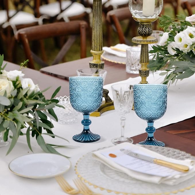 CHLJAR Colored Wine Glass Goblet Set of 6, 14 oz Blue Goblets Glassware, Blue Vintage Glassware for Weddings, Parties, Restaurants, Family Gatherings, Bars, Cafeterias, Dishwasher Safe