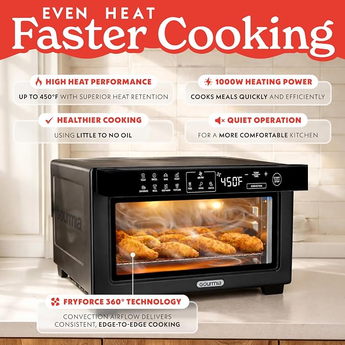 Gourmia Toaster Oven Air Fryer - 4 Slice Capacity, Single Door, Digital Display, Air Fry, Toast & Dehydrate, Convection Cooking, Fits 8” Pizza, 3 Rack Positions, Dishwasher-Safe Trays, Black